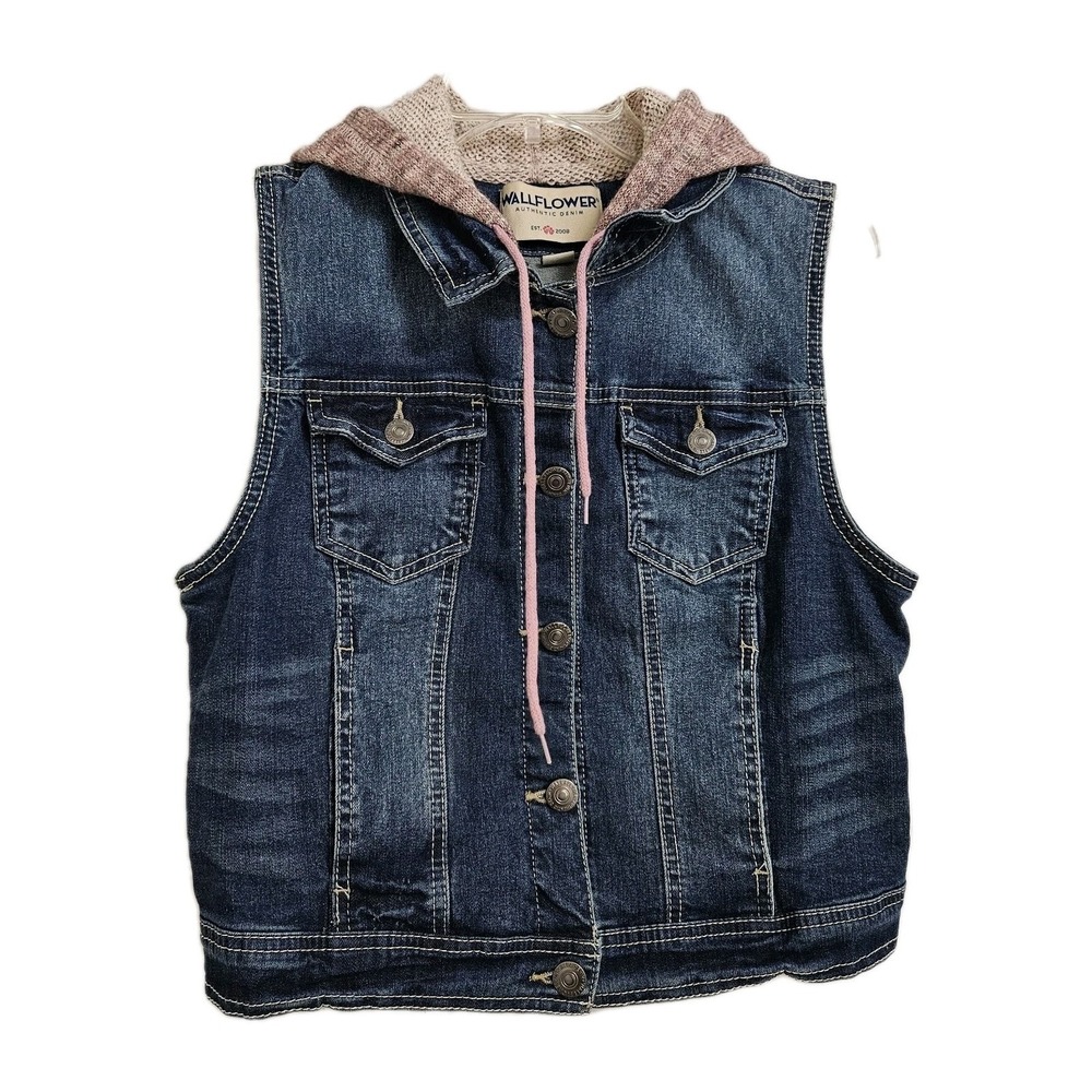 Y2K Boho WallFlower Denim Hooded Vest Kids Lg‎ Blue Dark Wash Knit Hood Western